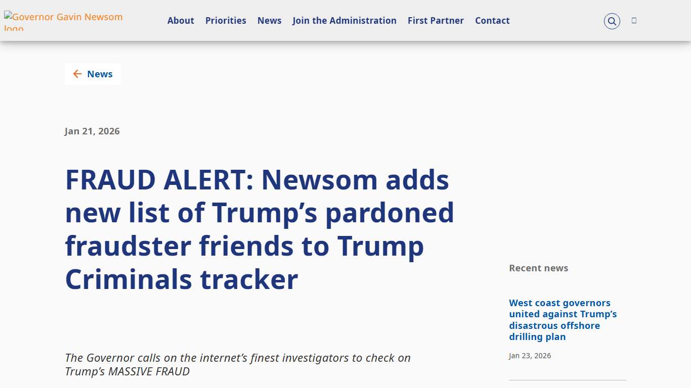 FRAUD ALERT: Newsom adds new list of Trump’s pardoned fraudster friends to Trump Criminals tracker Governor of California